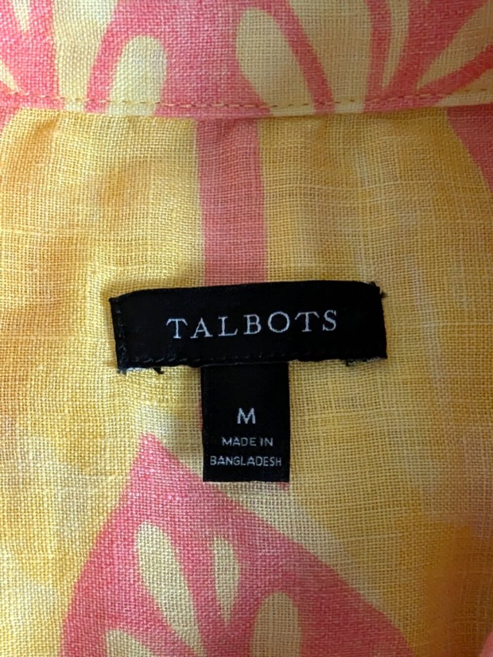 Talbots Linen Button Down Shirt M Coral Sand Yellow Botanical Resort Blouse - Picture 7 of 7